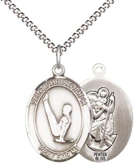 Women's Pewter Saint St. Christopher Gymnastics Pendant Necklace on 18- inch Rhodium- Plated Lite Curb Brass Chain – Catholic Medal – Patron Saint St. of Athletes & Travelers – Velvet Gift Box Included
