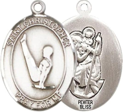 Medium Mens Oval Pewter Saint St. Christopher Gymnastics Medal Pendant on 24 Inch Rhodium Plated Heavy Curb Brass Chain w/ Lobster Claw Clasp, Catholic Religious Necklace - Made in USA- Velvet Gift Box
