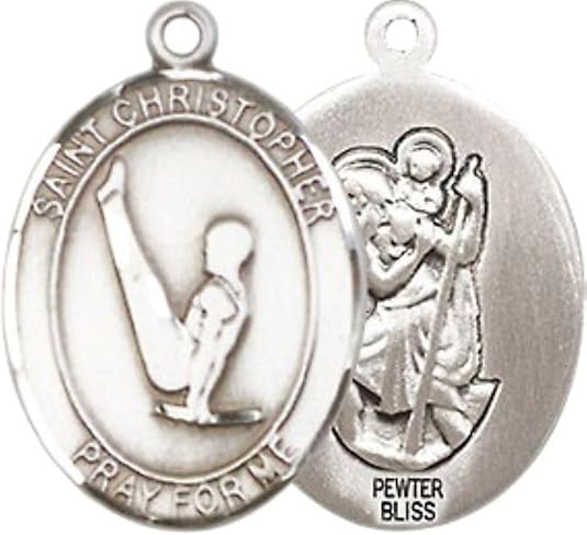 Medium Men's Pewter Saint Christopher Gymnastics Medal Pendant on 24 Inch Endless Rhodium Plated Heavy Curb Brass Chain, Catholic Religious Necklace -Made in USA- Deluxe Velvet Gift Box