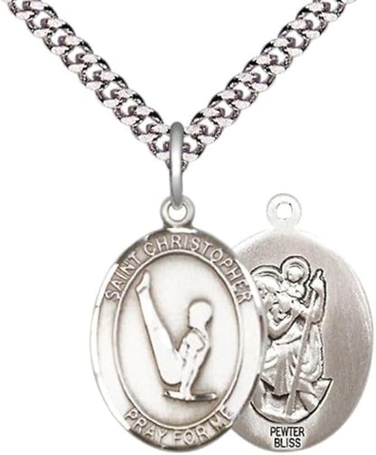 Medium Mens Oval Pewter Saint St. Christopher Gymnastics Medal Pendant on 24 Inch Rhodium Plated Heavy Curb Brass Chain w/ Lobster Claw Clasp, Catholic Religious Necklace - Made in USA- Velvet Gift Box