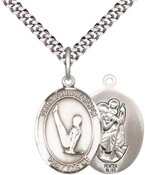 Medium Men's Pewter Saint Christopher Gymnastics Medal Pendant on 24 Inch Endless Rhodium Plated Heavy Curb Brass Chain, Catholic Religious Necklace -Made in USA- Deluxe Velvet Gift Box