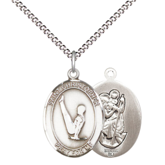 Everlasting Light Jewelry Medium Women's .925 Sterling Silver Saint St. Christopher Gymnastics Pendant Necklace on 18 Inch Rhodium Plated Lite Curb Brass Chain – Velvet Gift Box, Catholic Medal - Patron Saint. of Travelers & Motorists