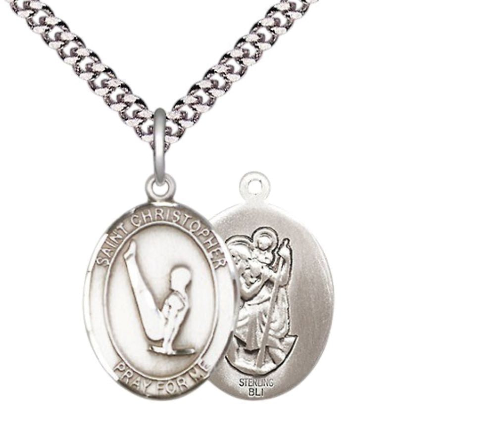Medium Men's .925 Sterling Silver Saint Christopher Gymnastics Medal Pendant on 24 Inch Endless Rhodium Plated Heavy Curb Brass Chain, Catholic Religious Necklace -Made in USA- Deluxe Velvet Gift Box