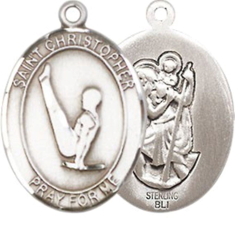 Medium Men's .925 Sterling Silver Saint Christopher Gymnastics Medal Pendant on 24 Inch Endless Rhodium Plated Heavy Curb Brass Chain, Catholic Religious Necklace -Made in USA- Deluxe Velvet Gift Box