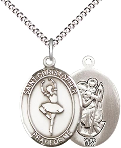 Medium Women's Pewter Saint St. Christopher Dance Pendant Necklace on 18- inch Rhodium- Plated Lite Curb Brass Chain – Catholic Medal – Patron Saint St. of Travelers & Dancers – Velvet Gift Box Included