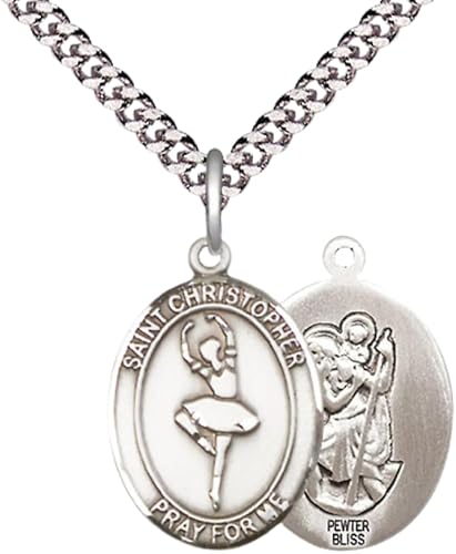 Mens Medium Oval Pewter Saint St. Christopher Dance Medal Pendant on 24 Inch Rhodium Plated Heavy Curb Brass Chain w/ Lobster Claw Clasp, Catholic Religious Necklace - Made in USA- Velvet Gift Box
