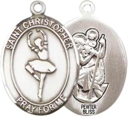 Mens Medium Oval Pewter Saint St. Christopher Dance Medal Pendant on 24 Inch Rhodium Plated Heavy Curb Brass Chain w/ Lobster Claw Clasp, Catholic Religious Necklace - Made in USA- Velvet Gift Box