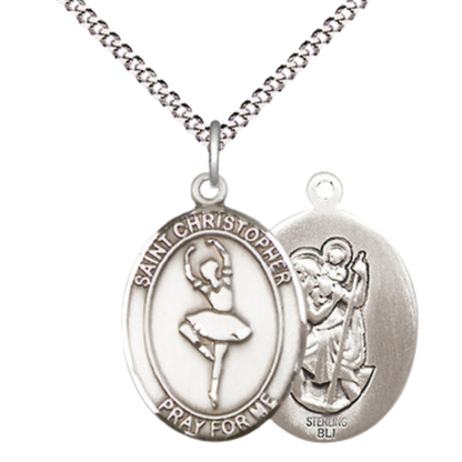 Everlasting Light Jewelry Medium Women's .925 Sterling Silver Saint St. Christopher Dance Pendant Necklace on 18 Inch Rhodium Plated Lite Curb Brass Chain – Velvet Gift Box, Catholic Medal - Patron Saint. of Travelers & Motorists