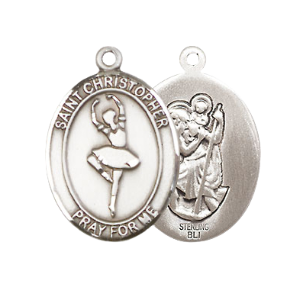 Everlasting Light Jewelry Medium Women's .925 Sterling Silver Saint St. Christopher Dance Pendant Necklace on 18 Inch Rhodium Plated Lite Curb Brass Chain – Velvet Gift Box, Catholic Medal - Patron Saint. of Travelers & Motorists