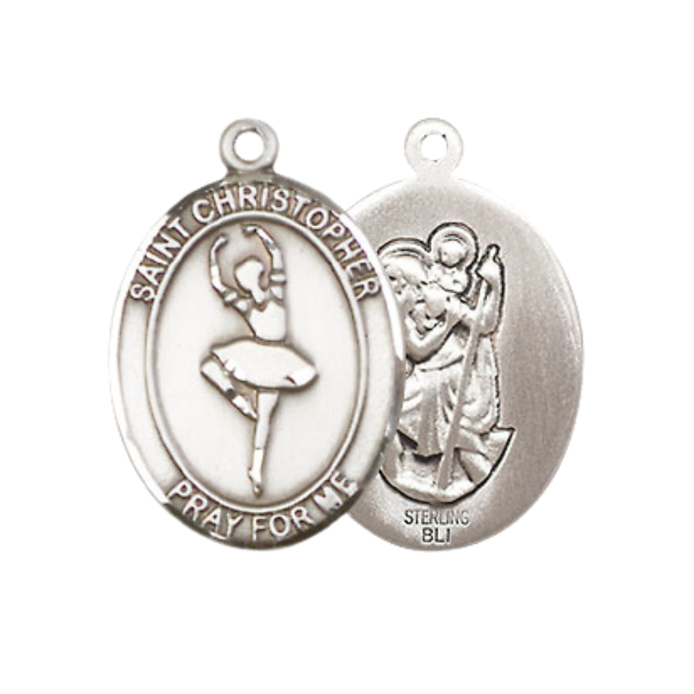 Medium Men's .925 Sterling Silver Saint St. Christopher Dance Medal Pendant on 24 Inch Endless Rhodium Plated Heavy Curb Brass Chain, Catholic Religious Necklace - Made in USA- Deluxe Velvet Gift Box