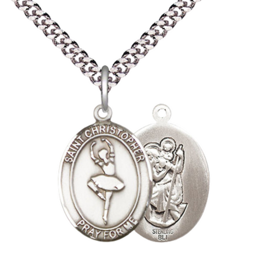 Medium Mens Oval .925 Sterling Silver Saint St. Christopher Dance Medal Pendant on 24 Inch Rhodium Plated Heavy Curb Brass Chain w/ Lobster Claw Clasp, Catholic Religious Necklace - Made in USA- Velvet Gift Box