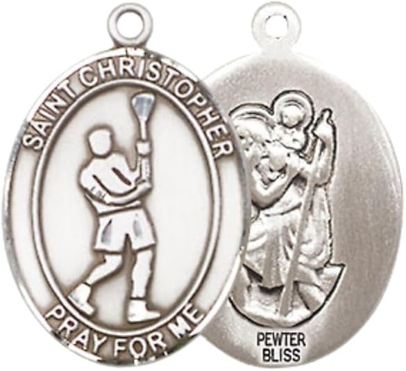 Women's Pewter Saint St. Christopher Lacrosse Pendant Necklace on 18- inch Rhodium- Plated Lite Curb Brass Chain – Catholic Medal – Patron Saint St. of Travelers & Athletes – Velvet Gift Box Included