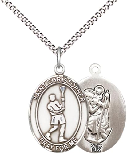 Women's Pewter Saint St. Christopher Lacrosse Pendant Necklace on 18- inch Rhodium- Plated Lite Curb Brass Chain – Catholic Medal – Patron Saint St. of Travelers & Athletes – Velvet Gift Box Included