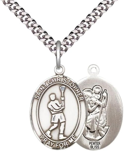 Mens Medium Oval Pewter Saint Christopher Lacrosse Medal Pendant on 24" Rhodium Plated Heavy Curb Brass Chain w/ Lobster Claw Clasp, Catholic Religious Necklace -Made in USA -Velvet Gift Box