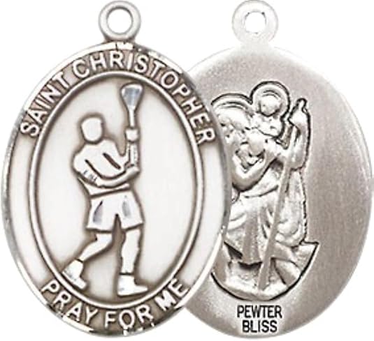 Mens Medium Oval Pewter Saint Christopher Lacrosse Medal Pendant on 24" Rhodium Plated Heavy Curb Brass Chain w/ Lobster Claw Clasp, Catholic Religious Necklace -Made in USA -Velvet Gift Box
