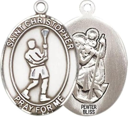 Medium Men's Pewter Saint St. Christopher Lacrosse Medal Pendant on 24 Inch Endless Rhodium Plated Heavy Curb Brass Chain, Catholic Religious Necklace - Made in USA- Deluxe Velvet Gift Box