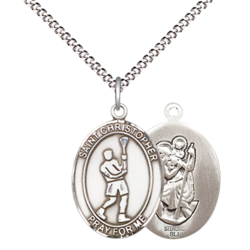 Everlasting Light Jewelry Medium Women's .925 Sterling Silver Saint St. Christopher Lacrosse Pendant Necklace on 18 Inch Rhodium Plated Lite Curb Brass Chain – Velvet Gift Box, Catholic Medal - Patron Saint. of Travelers & Motorists