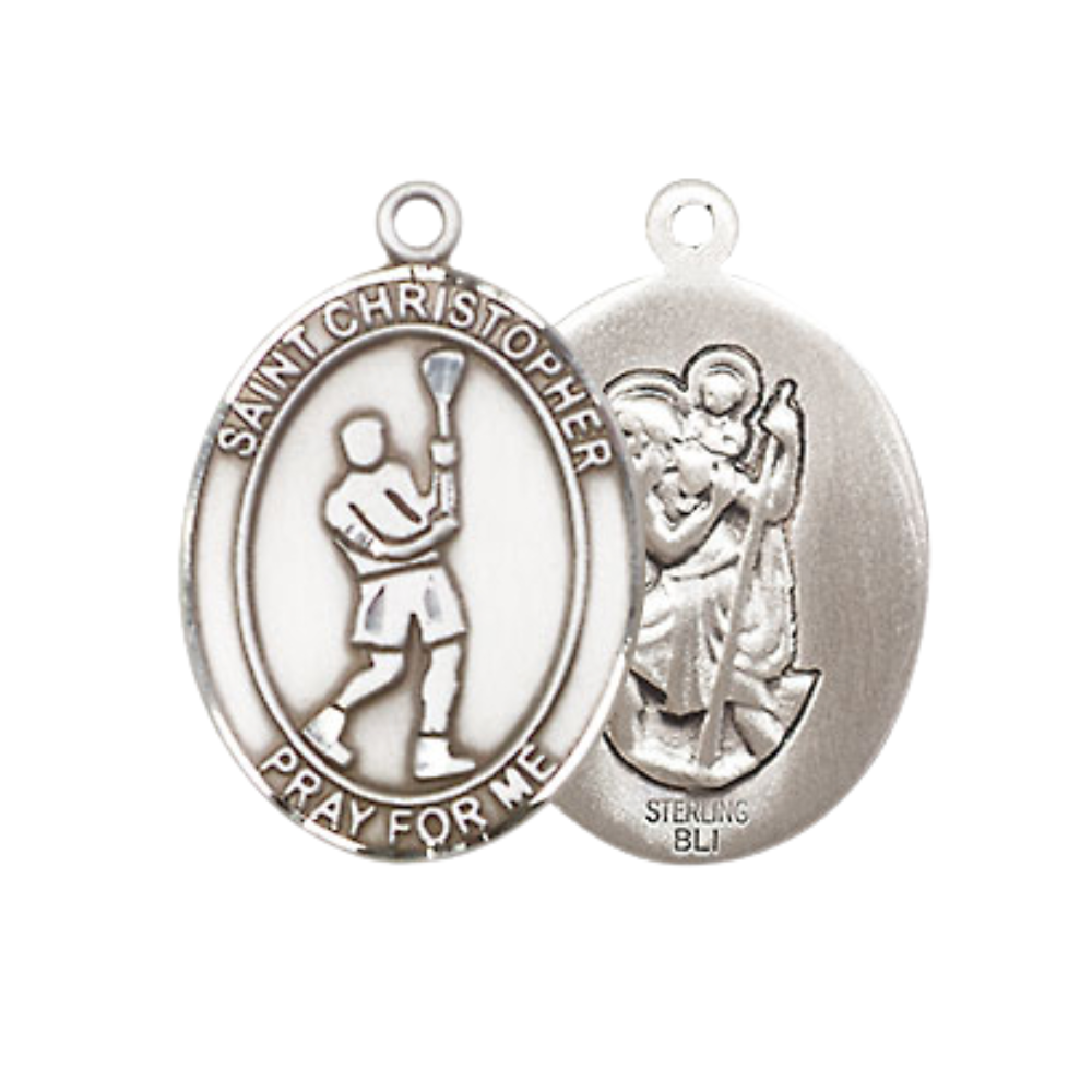 Everlasting Light Jewelry Medium Women's .925 Sterling Silver Saint St. Christopher Lacrosse Pendant Necklace on 18 Inch Rhodium Plated Lite Curb Brass Chain – Velvet Gift Box, Catholic Medal - Patron Saint. of Travelers & Motorists