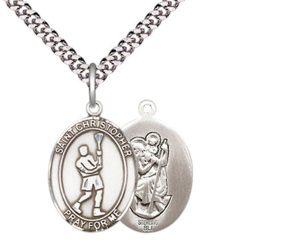 Medium Mens Oval .925 Sterling Silver Saint St. Christopher Lacrosse Medal Pendant on 24 Inch Rhodium Plated Heavy Curb Brass Chain w/ Lobster Claw Clasp, Catholic Religious Necklace - Made in USA- Gift Boxed