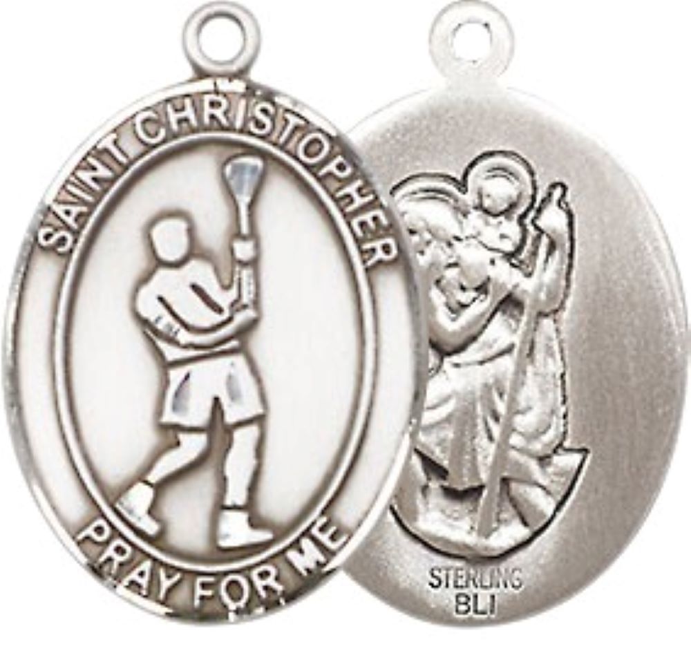 Medium Mens Oval .925 Sterling Silver Saint St. Christopher Lacrosse Medal Pendant on 24 Inch Rhodium Plated Heavy Curb Brass Chain w/ Lobster Claw Clasp, Catholic Religious Necklace - Made in USA- Gift Boxed