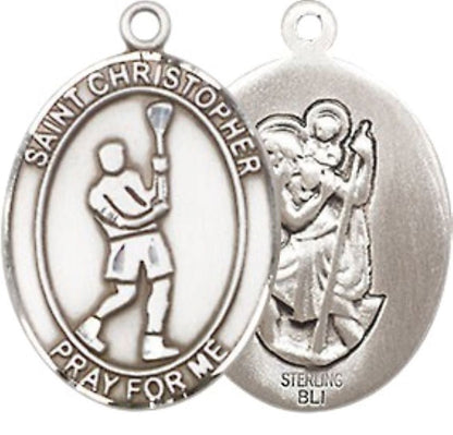 Medium Mens Oval .925 Sterling Silver Saint St. Christopher Lacrosse Medal Pendant on 24 Inch Rhodium Plated Heavy Curb Brass Chain w/ Lobster Claw Clasp, Catholic Religious Necklace - Made in USA- Gift Boxed