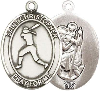 Women's Pewter Saint St. Christopher Softball Pendant Necklace on 18- inch Rhodium- Plated Lite Curb Brass Chain – Catholic Medal – Patron Saint St. of Travelers & Athletes – Velvet Gift Box Included