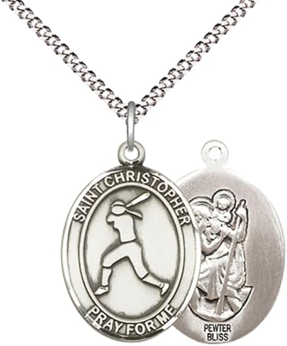 Women's Pewter Saint St. Christopher Softball Pendant Necklace on 18- inch Rhodium- Plated Lite Curb Brass Chain – Catholic Medal – Patron Saint St. of Travelers & Athletes – Velvet Gift Box Included