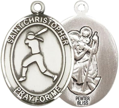 Medium Men's Pewter Saint St. Christopher Softball Medal Pendant on 24 Inch Endless Rhodium Plated Heavy Curb Brass Chain, Catholic Religious Necklace - Made in USA- Deluxe Velvet Gift Box