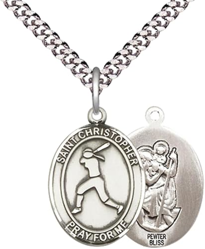 Medium Men's Pewter Saint St. Christopher Softball Medal Pendant on 24 Inch Endless Rhodium Plated Heavy Curb Brass Chain, Catholic Religious Necklace - Made in USA- Deluxe Velvet Gift Box
