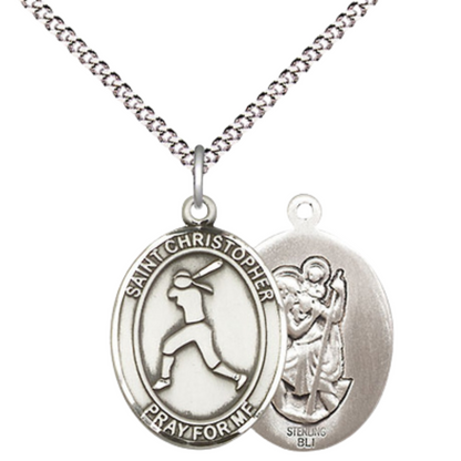 Everlasting Light Jewelry Medium Women's .925 Sterling Silver Saint St. Christopher Softball Pendant Necklace on 18 Inch Rhodium Plated Lite Curb Brass Chain – Velvet Gift Box, Catholic Medal - Patron Saint. of Travelers & Motorists