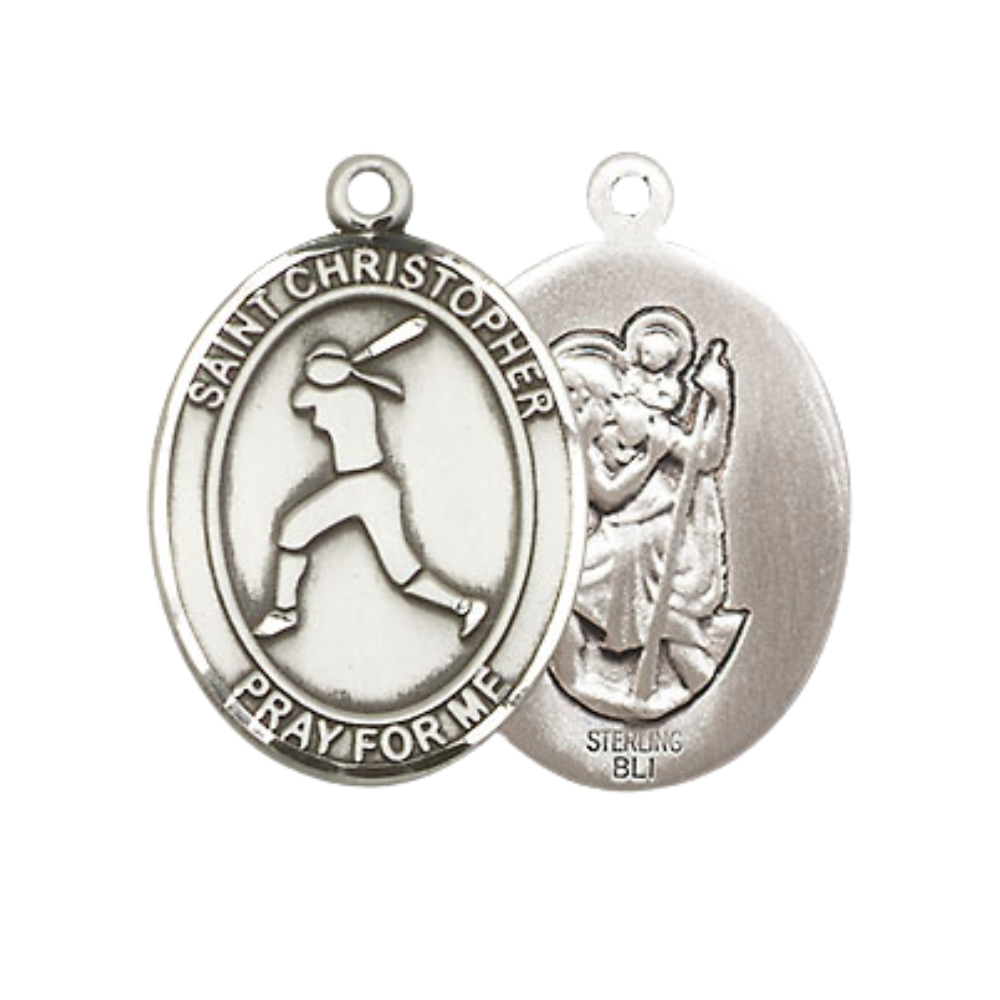 Everlasting Light Jewelry Medium Women's .925 Sterling Silver Saint St. Christopher Softball Pendant Necklace on 18 Inch Rhodium Plated Lite Curb Brass Chain – Velvet Gift Box, Catholic Medal - Patron Saint. of Travelers & Motorists
