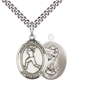 Medium Men's .925 Sterling Silver Saint St. Christopher Softball Medal Pendant on 24 Inch Endless Rhodium Plated Heavy Curb Brass Chain, Catholic Religious Necklace - Made in USA- Deluxe Velvet Gift Box