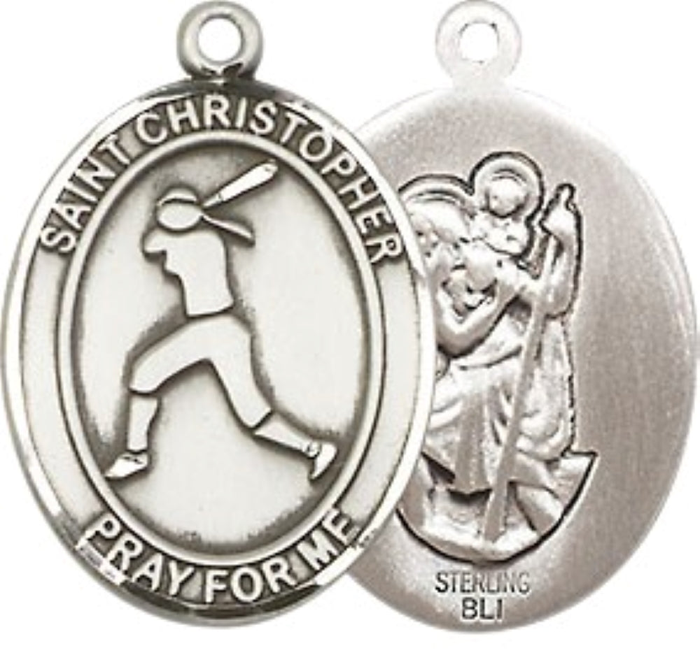Medium Men's .925 Sterling Silver Saint St. Christopher Softball Medal Pendant on 24 Inch Endless Rhodium Plated Heavy Curb Brass Chain, Catholic Religious Necklace - Made in USA- Deluxe Velvet Gift Box