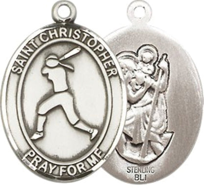 Medium Men's .925 Sterling Silver Saint St. Christopher Softball Medal Pendant on 24 Inch Endless Rhodium Plated Heavy Curb Brass Chain, Catholic Religious Necklace - Made in USA- Deluxe Velvet Gift Box
