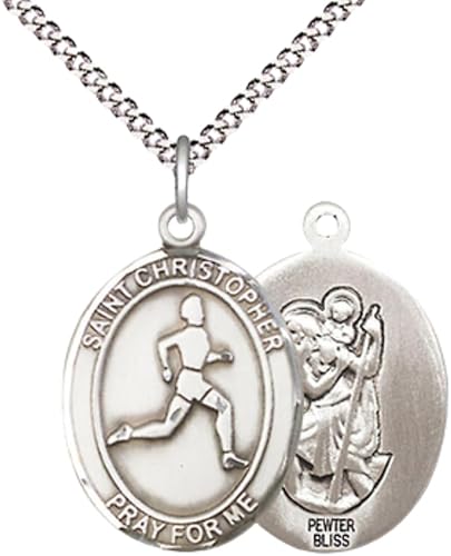 Medium Women's Pewter Saint St. Christopher Track & Field Pendant Necklace on 18- inch Rhodium- Plated Lite Curb Brass Chain – Patron Saint St. of Athletes & Travelers, Catholic Medal – Velvet Gift Box Included