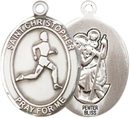 Medium Men's Pewter Saint St. Christopher Track&Field Medal Pendant on 24 Inch Endless Rhodium Plated Heavy Curb Brass Chain, Catholic Religious Necklace - Made in USA - Deluxe Velvet Gift Box