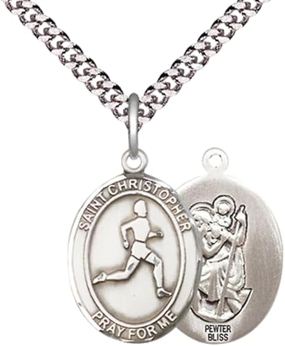 Medium Men's Pewter Saint St. Christopher Track&Field Medal Pendant on 24 Inch Endless Rhodium Plated Heavy Curb Brass Chain, Catholic Religious Necklace - Made in USA - Deluxe Velvet Gift Box