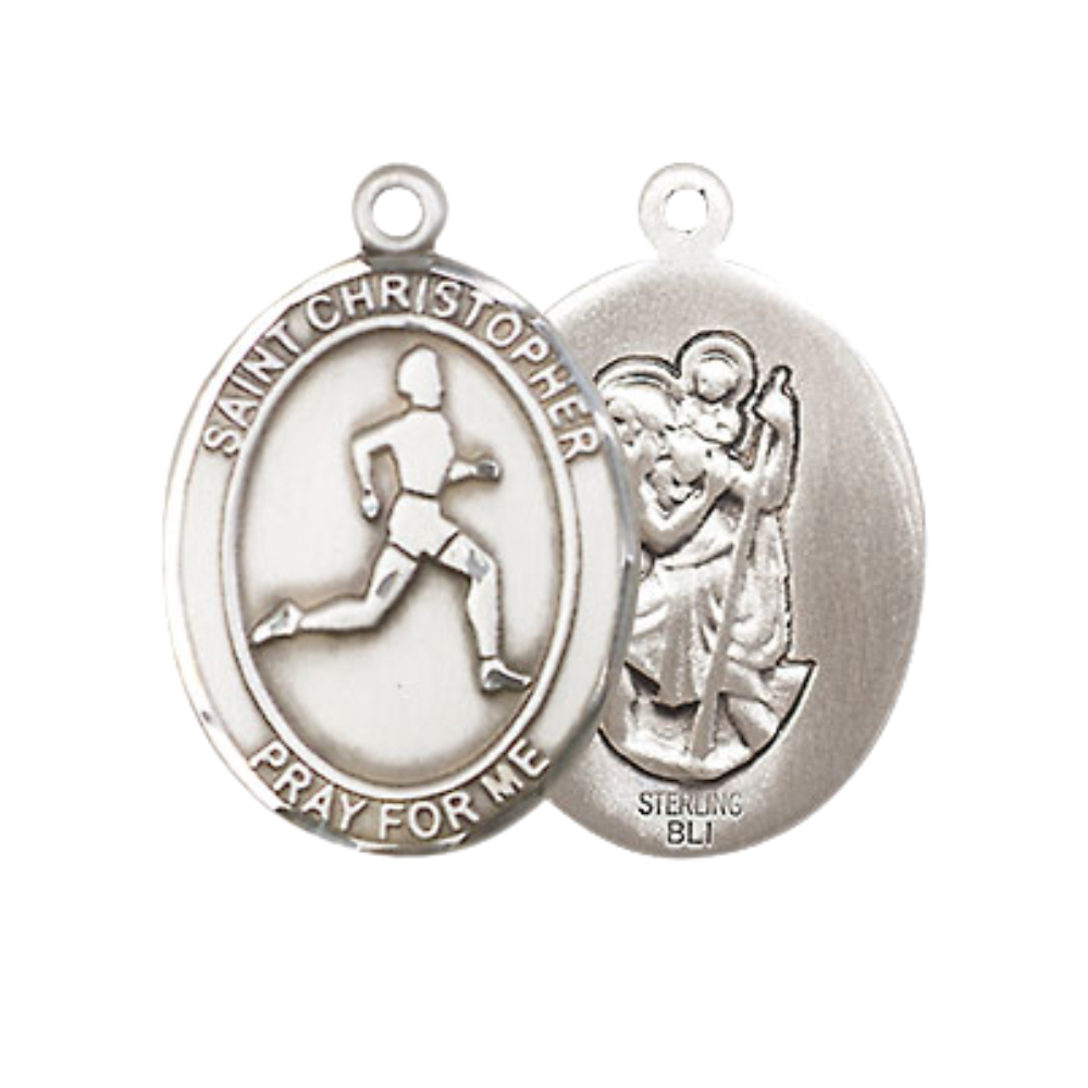 Medium Women's .925 Sterling Silver Saint St. Christopher Track & Field Pendant Necklace on 18 Inch Rhodium Plated Lite Curb Brass Chain – Velvet Gift Box, Catholic Medal - Patron Saint. of Travelers & Motorists