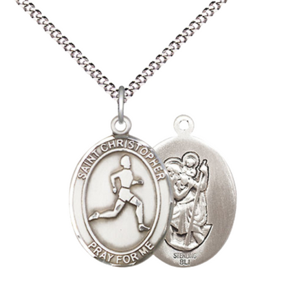 Medium Women's .925 Sterling Silver Saint St. Christopher Track & Field Pendant Necklace on 18 Inch Rhodium Plated Lite Curb Brass Chain – Velvet Gift Box, Catholic Medal - Patron Saint. of Travelers & Motorists