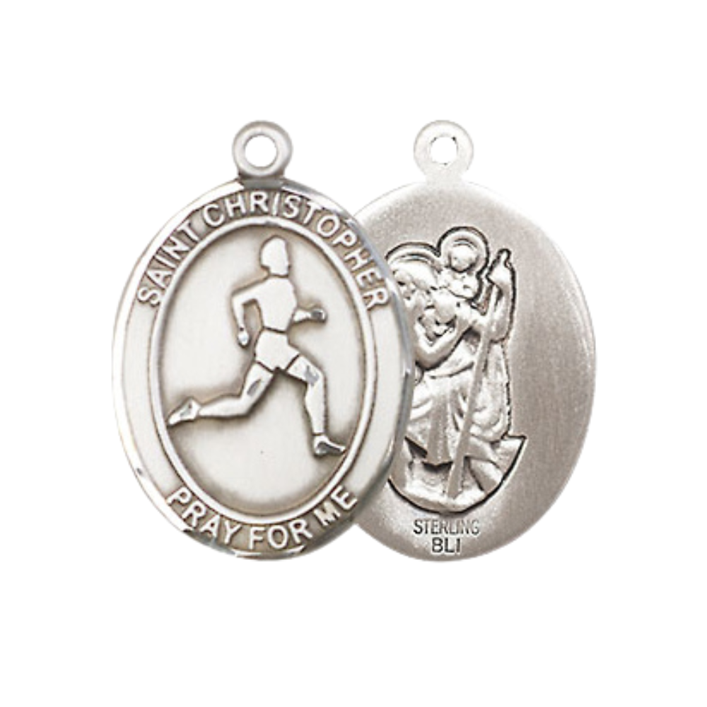 Medium Men's .925 Sterling Silver Saint St. Christopher Track&Field Medal Pendant on 24 Inch Endless Rhodium Plated Heavy Curb Brass Chain, Catholic Religious Necklace - Made in USA - Deluxe Velvet Gift Box