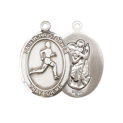 Medium Men's .925 Sterling Silver Saint St. Christopher Track&Field Medal Pendant on 24 Inch Endless Rhodium Plated Heavy Curb Brass Chain, Catholic Religious Necklace - Made in USA - Deluxe Velvet Gift Box