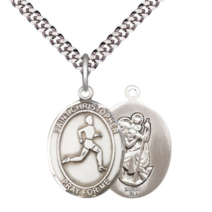 Medium Men's .925 Sterling Silver Saint St. Christopher Track&Field Medal Pendant on 24 Inch Endless Rhodium Plated Heavy Curb Brass Chain, Catholic Religious Necklace - Made in USA - Deluxe Velvet Gift Box
