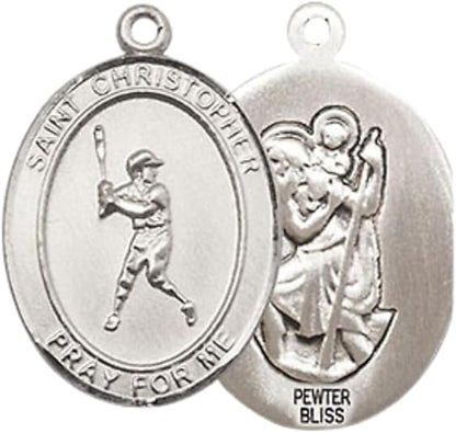 Everlasting Light Jewelry Medium Women's Pewter Saint St. Christopher Baseball Pendant Necklace on 18- inch Rhodium- Plated Lite Curb Brass Chain – Patron Saint St. of Athletes & Travelers, Catholic Medal – Velvet Gift Box Included