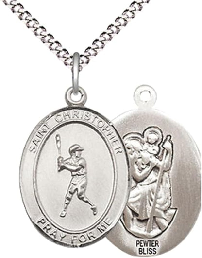 Everlasting Light Jewelry Medium Women's Pewter Saint St. Christopher Baseball Pendant Necklace on 18- inch Rhodium- Plated Lite Curb Brass Chain – Patron Saint St. of Athletes & Travelers, Catholic Medal – Velvet Gift Box Included