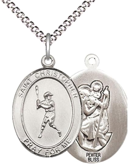 Everlasting Light Jewelry Medium Women's Pewter Saint St. Christopher Baseball Pendant Necklace on 18- inch Rhodium- Plated Lite Curb Brass Chain – Patron Saint St. of Athletes & Travelers, Catholic Medal – Velvet Gift Box Included