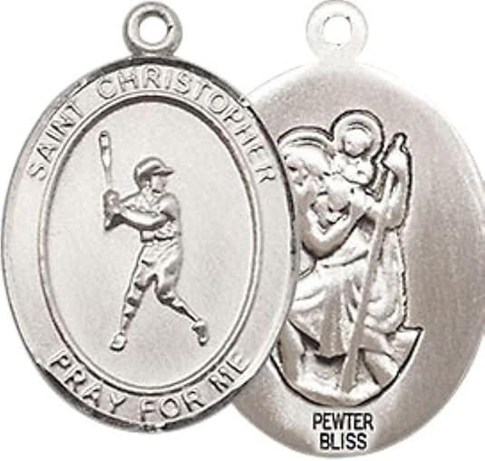 Mens Medium Oval Pewter Saint St. Christopher Baseball Medal Pendant on 24 Inch Rhodium Plated Heavy Curb Brass Chain w/ Lobster Claw Clasp, Catholic Religious Necklace - Made in USA- Velvet Gift Box