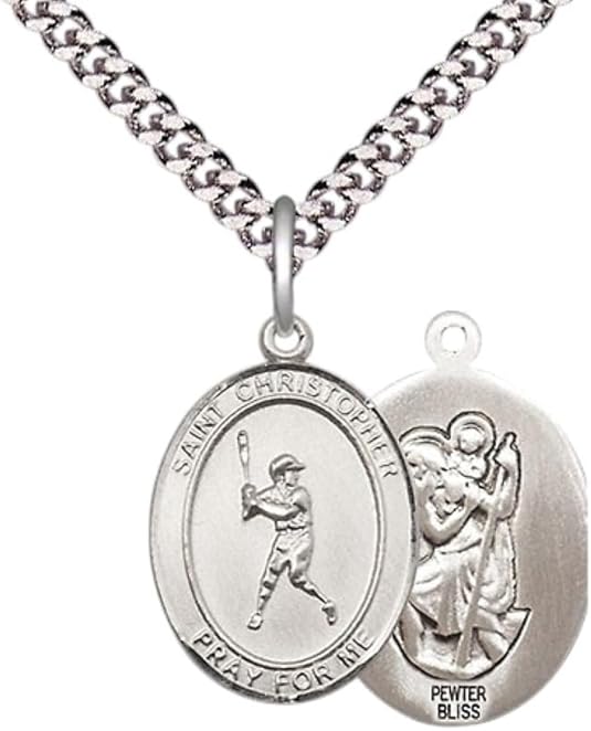 Medium Men's Pewter Saint St. Christopher Baseball Medal Pendant on 24 Inch Endless Rhodium Plated Heavy Curb Brass Chain, Catholic Religious Necklace - Made in USA- Deluxe Velvet Gift Box