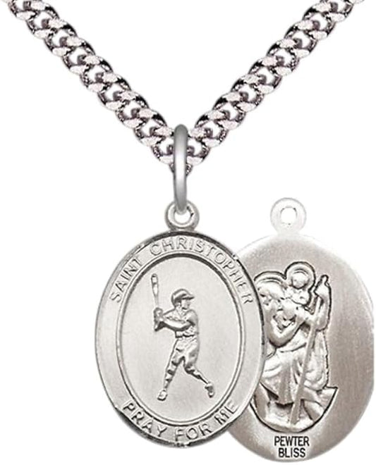 Medium Men's Pewter Saint St. Christopher Baseball Medal Pendant on 24 Inch Endless Rhodium Plated Heavy Curb Brass Chain, Catholic Religious Necklace - Made in USA- Deluxe Velvet Gift Box