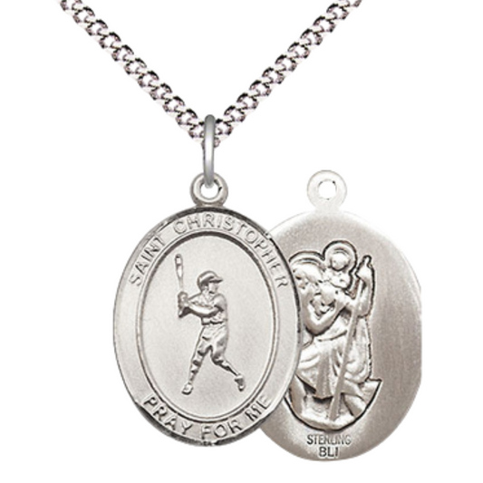 Medium Women's .925 Sterling Silver Saint St. Christopher Baseball Pendant Necklace on 18 Inch Rhodium Plated Lite Curb Brass Chain – Patron Saint St. of Travelers & Motorists, Catholic Medal – Velvet Gift Box Included
