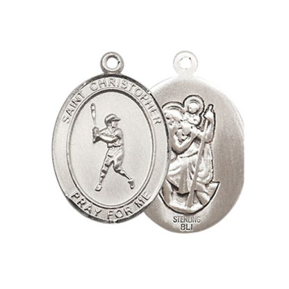 Medium Women's .925 Sterling Silver Saint St. Christopher Baseball Pendant Necklace on 18 Inch Rhodium Plated Lite Curb Brass Chain – Patron Saint St. of Travelers & Motorists, Catholic Medal – Velvet Gift Box Included